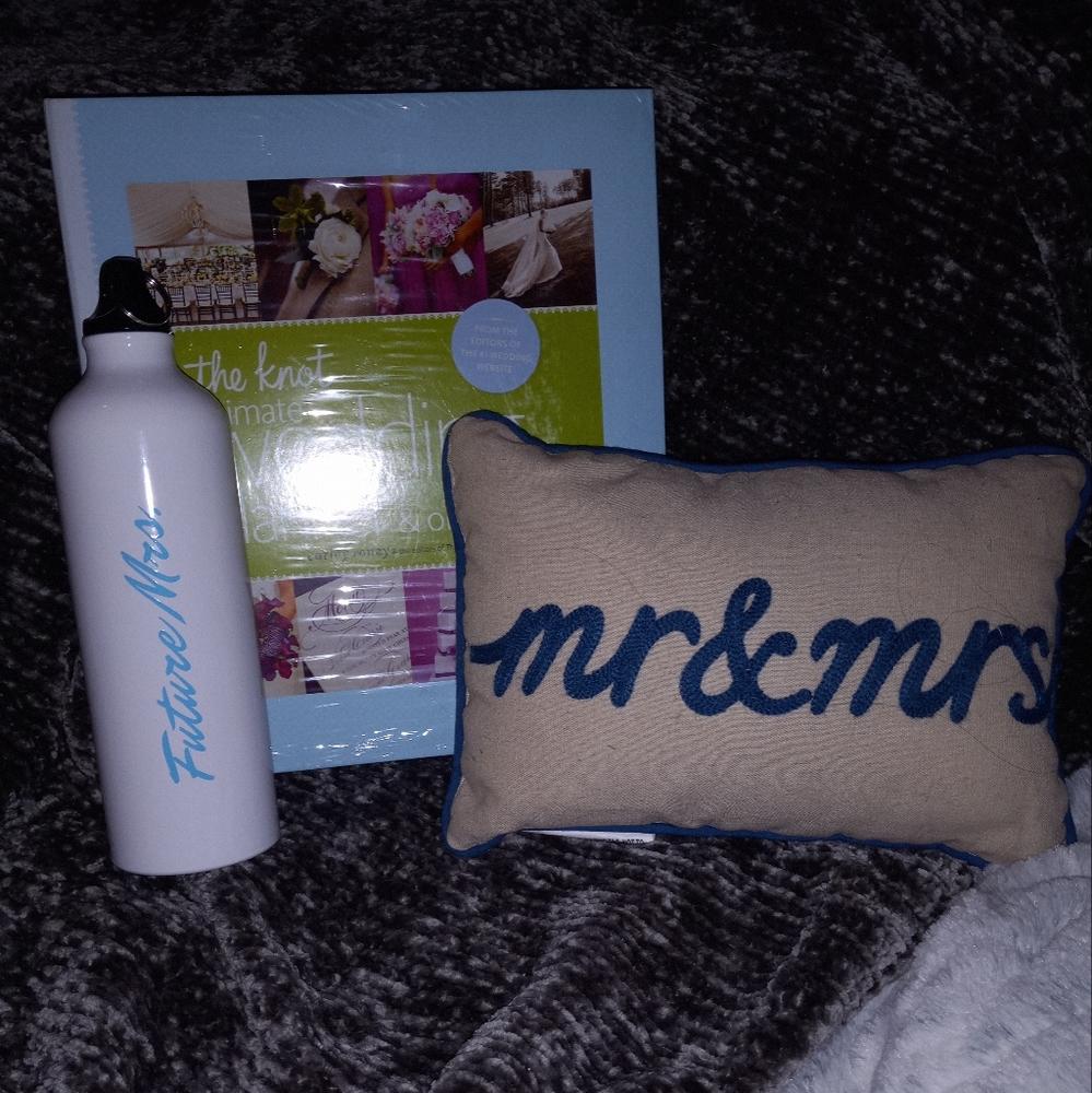 Wedding planner, Mr and Mrs pillow and a future Mrs water bottle
